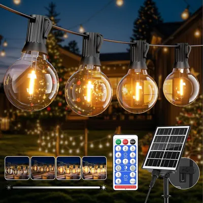 Zdjęcie produktu dla Światła LED 15 metrów - 19+2 żarówki G40 - Zasilane energią słoneczną - 8 trybów - Ciepła biel - Do użytku zewnętrznego
