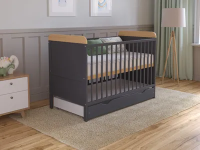 Produktbild von Babybett Beistellbett 120x60 cm mit Schublade & Matratze - Kinderbett Gitterbett Baby Bett Holz Anthrazit-Kiefer,Umwandelbar in Juniorbett