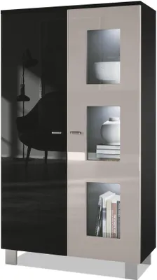 Produktbild von Vladon Vitrine Denjo, Germany, Standvitrine mit 2 Türen und 3 Glaseinsätzen, Schwarz matt/ Schwarz Hochglanz/ Sandgrau Hochglanz, inkl. LED-Beleuchtung (71 x 129 x 35 cm)