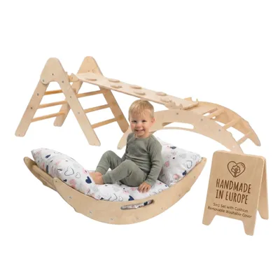 Produktbild von WoodsCraft - Handmade 5in1 Montessori Kletterset aus Holz: Kletterdreieck, Kletterbogen mit Kissen & 2in1: Rutsche Indoor/Klettern Rampe