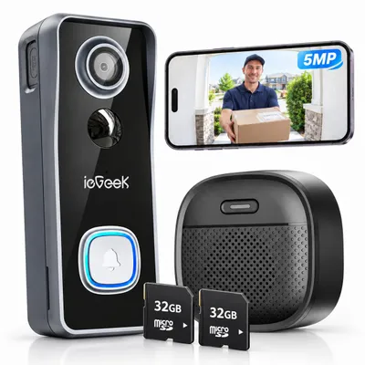 Zdjęcie produktu dla Inteligentna dzwonek do drzwi ieGeek z kamerą 5MP, Wi-Fi, rozdzielczość 2,5K HD, kompatybilny z Amazon Alexa, karta pamięci 2*32G, detekcja ruchu PIR, tryb nocny, dwukierunkowy dźwięk