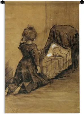 Produktbild von MuchoWow® Wandteppich Wandbehang Mädchen kniend bei einer Wiege - Vincent van Gogh 60x90 cm Tapisserie Dekoration Wandtuch - Foto-Teppich - Abwaschbar