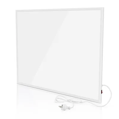 A white panel heater with a power cord and plug is shown against a white background.