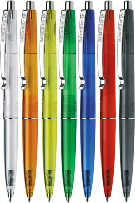 A row of seven colorful pens.