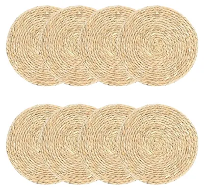Produktbild von Set aus 8 Runden Untersetzern - Handgefertigte Boho Platzmatten aus Wasserhyazinthe für den Esstisch (30 cm)