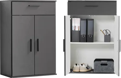 Produktbild von mokebo® Mehrzweckschrank 60cm Breite mit Schubladen 'Der Praktische', kleiner Büroschrank oder Aktenschrank, auch als Schuhschrank oder Aufbewahrungsschrank in 60x90x34 cm (B/H/T) in Anthrazit-Schwarz