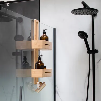 Produktbild von Schulte Duschablage zum Hängen aus Bambus Holz, 2 Etagen Fächer, Aufbewahrungsfächer für Dusche, Duschregal