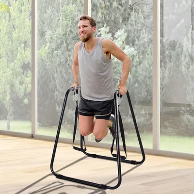 Produktbild von Dipständer Calisthenics, Dip Station Krafttraining, Stahl, Schwarz | gepolsterte Handläufe | bis 120 kg | 90 x 81 x 92,5 cm
