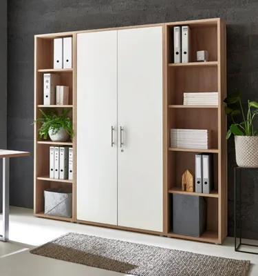Produktbild von Aktenschrank TABOR 3 in Eiche Sonoma / weiß matt, Schrankwand, Büroschrank, abschließbar, Metallgriffe