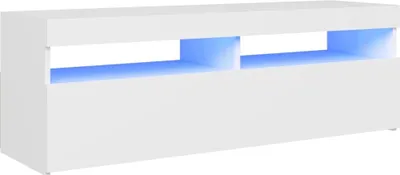 A white TV stand with blue LED lighting.