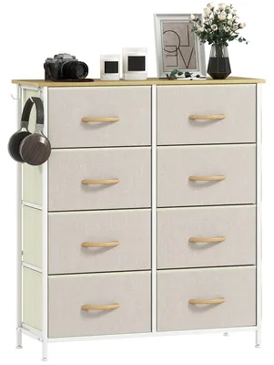 Immagine prodotto di Comodino con 8 cassetti rivestiti in tessuto e struttura in acciaio | Colore: Marrone | Dimensioni: 86x30x94,5 cm