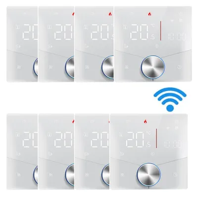 Produktbild von 8X Smart Tuya WiFi-Thermostat, Digital LED Raumthermostat Sprachsteuerung Wandthermostat fuer 3A Kesselheizung Fussbodenheizung mit dimmbarer Lichtfarbe programmierbarer kompatibel mit Tmall Genie, Amazon Google Home,Weiss