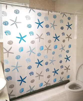 Immagine prodotto di Tenda da doccia blu con motivo di stelle marine e conchiglie
