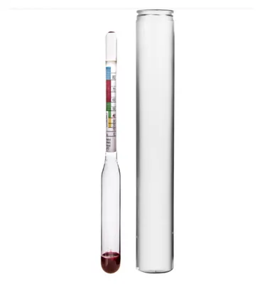 A hydrometer and its cylindrical case are shown against a white background.