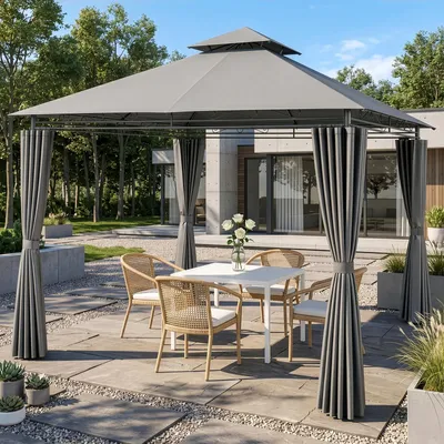Image de Pavillon de jardin LEADZM, 3x3 mètres, avec double toit et rideaux, tissu Oxford 210D imperméable et résistant aux UV, structure en acier inoxydable, idéal pour les terrasses
