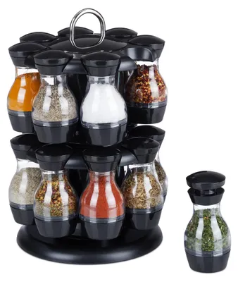 Gewürzkarussell, 16 Gläser, drehbar, Kunststoff, schwarz/silber