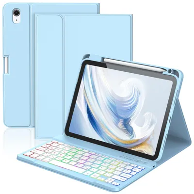 Image de Coque avec clavier pour iPad A16, modèles 11 et 10ème génération, écran de 11 pouces, modèles 2025 et 2022, disponible en 7 couleurs, avec rétroéclairage bleu
