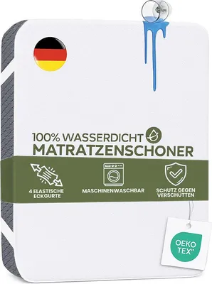 A product image of a mattress protector with various feature icons and text.