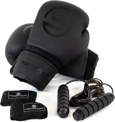 Immagine prodotto di Guantoni da boxe Sportisfaction 8 oz Set incl. fasce e corda per saltare Nero Finto cuoio