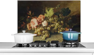 Produktbild von KitchenYeah®  Spritzschutz Küche - Küchenrückwand - Wandschutz für Herd und Spüle - Obst - Stilleben mit Weintrauben - Alte Meister 90x60 - Alu-Dibond (Alternative zum Spritzschutz aus Glas) - Hitzebe