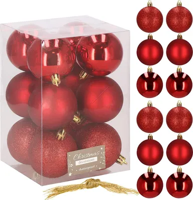 A clear product shot of red Christmas ornaments in a transparent box, with additional ornaments displayed to the right.