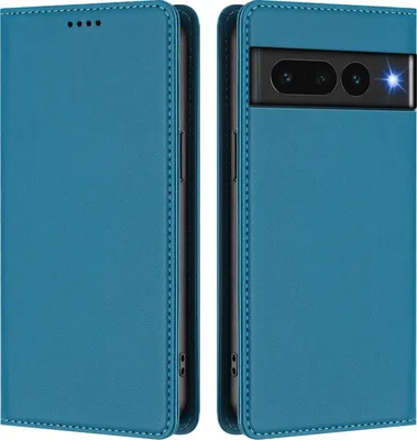Image de Étui en cuir pour Google Pixel 7 Pro, étui à rabat magnétique en cuirPolyuréthaneavec support, bleu lac