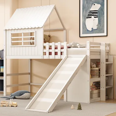 Zdjęcie produktu dla Łóżko dziecięce Sweiko 90 x 200 cm Konstrukcja loftowa z drabinką i zjeżdżalnią, wielopoziomowe schowki Łóżko wielofunkcyjne Łóżko z litego drewna Łóżko pojedyncze Łóżko loftowe Biały