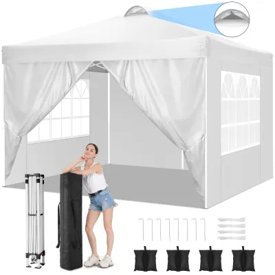 A woman poses next to a white pop-up canopy tent, with accessories laid out in the foreground.