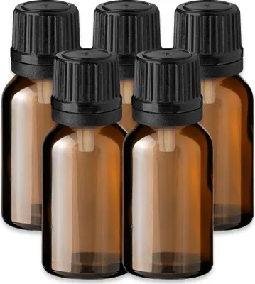 Produktbild von 5x Glasflasche braun 15 ml mit schwarzem Tropfeinsatz Apothekerflasche