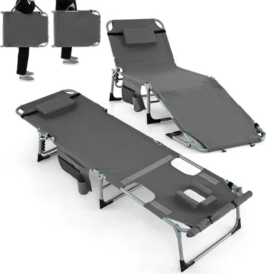 A collage showing a foldable lounge chair in different states and angles, including a person demonstrating its portability.