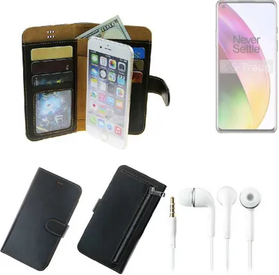 Produktbild von TOP SET Handy Hülle Schutz Hülle kompatibel mit OnePlus 8  schwarz aus Kunstleder + Kopfhörer Smartphone Tasche vollwertige Geldbörse  K-S-Trade®