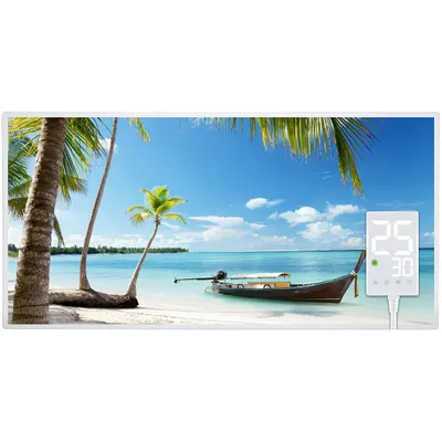 A tropical beach scene with palm trees, a boat, and a digital display showing temperature readings.