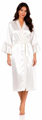 Produktbild von Damen Satin Morgenmantel Kimono mit Spitze Seidenoptik Hausmantel Ecru S/36