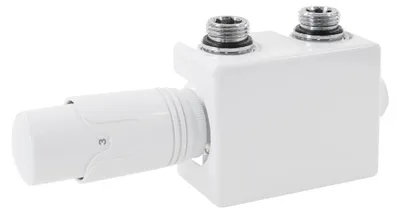 A white radiator valve set with a thermostat head, shown against a white background.