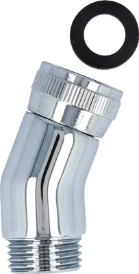 A chrome-plated brass shower arm elbow and a black rubber washer are shown against a white background.