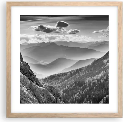 Produktbild von Gerahmtes Poster - Rahmen in heller Eiche - Schwarzweiß Landschaft Berge - 40x40 cm - Wand Bild - Wanddeko - Wandbilder - Kunstposter - Wandposter - Bilderrahmen - Bilder - P2NAC40x40-4560