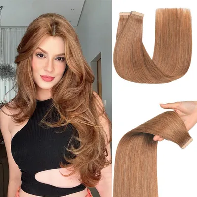 Imagen del producto de Solidchoice - Extensiones de cabello tipo cinta adhesiva, cabello natural, 20 unidades, 40 cm, color castaño rojizo