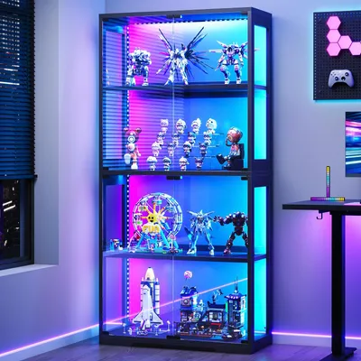 Vitrinekast 4 Ebenen, Glastüren, RGB-LED, Schwarz, 70x29,6x160 cm