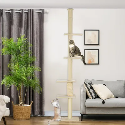 Produktbild von Kratzbaum Boden bis Decke, höhenverstellbar 225–275 cm, Katzenkratzbaum, Cremeweiß | 42,5 x 26,5 cm Basis | bis 2 Katzen | Kippschutz