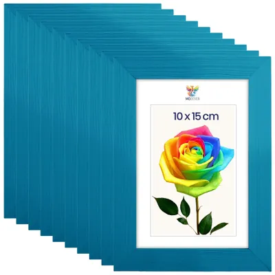 Produktbild von MG Design 10er Set Bilderrahmen Türkis A6 10x15 cm - Echtholzrahmen mit Acrylglas, hoch/quer, zum Aufhängen & Aufstellen