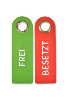Produktbild von 2 FREI BESETZT Türgriffschilder aus Filz 27 x 8,5 cm  - Mit Metall-Schutzring - Vorderseite FREI Rückseite BESETZT - Statusanzeige - SynMe Germany