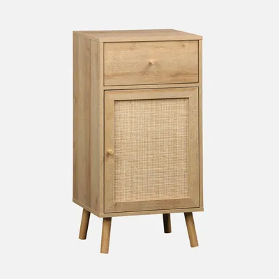 A light brown wooden cabinet with a rattan woven door and a single drawer, standing on four tapered legs.