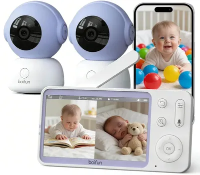 Zdjęcie produktu dla BOIFUN Niania elektroniczna z 2 kamerami, niania z funkcją wykrywania dźwięków, ekran 5" Full HD, sterowana na odległość, kamera na podczerwień z funkcją widzenia w nocy