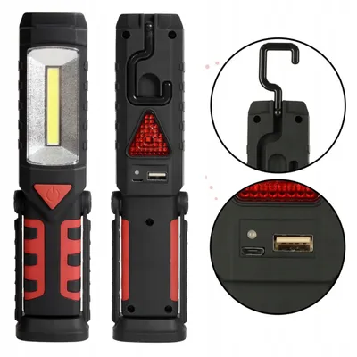 A collage of images showing a work light from different angles, including close-ups of its features.