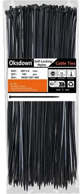 Produktbild von Kabelbinder Schwarz 300mm x 3,6mm Nylon 100 Stück UV-beständig 18,2kg Zugfestigkeit