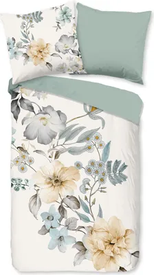 A flat lay of a duvet cover and pillow with a floral pattern.