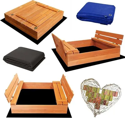 Produktbild von Sandkasten Imprägniert 100x100 cm aus Holz Sandbox mit Abdeckung Sitzbänken Deckel Plane Sandkiste