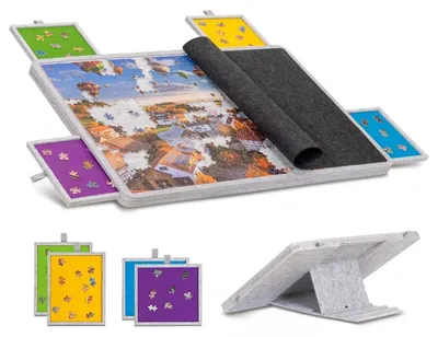 Zdjęcie produktu dla Pojemnik na puzzle składający się z 1000 elementów, wyposażony w 4 szuflady i pokrywę. Filcowy stół do układania puzzli z 3 możliwościami regulacji nachylenia, o wymiarach 76x51 cm