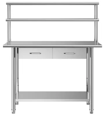 Produktbild von Gastronomie Arbeitstisch 1220 x 610 x 1400 mm, Edelstahltisch mit Grundboden & 2 Schubladen & Doppelaufsatzbord
