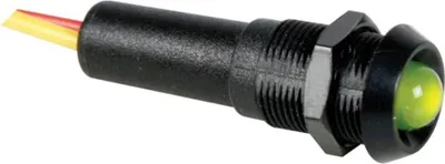 A close-up studio shot of a green LED indicator light with a black housing and wires.